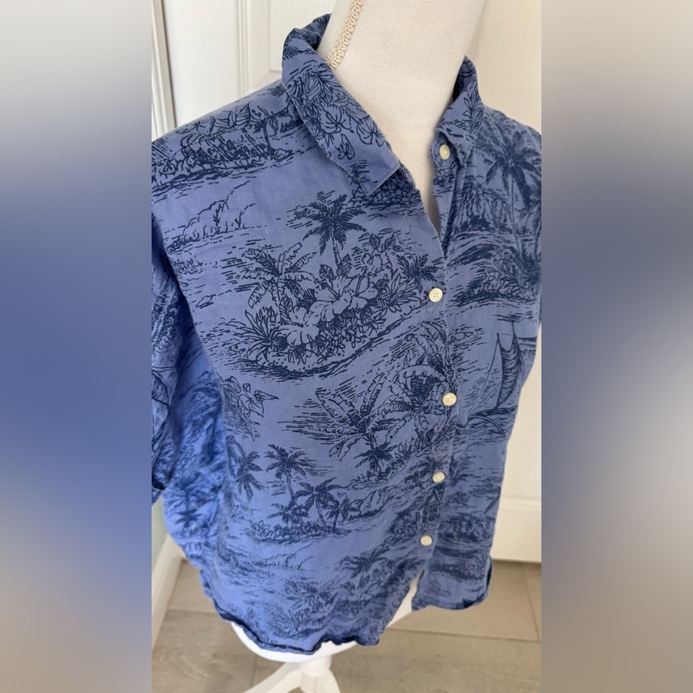 GAP 100% Linen Tropical Toile Button Front Shirt Blue Petite Medium